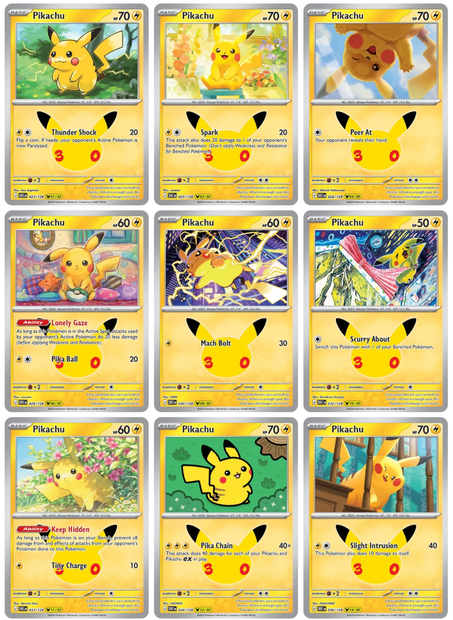 Pokémon TCG revela 24 das 30 cartas de Pikachu da coleção de 30 anos