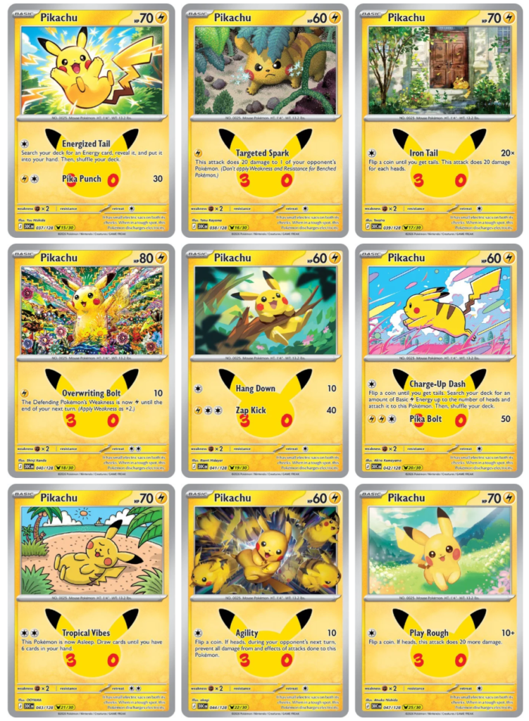 Pokémon TCG revela 24 das 30 cartas de Pikachu da coleção de 30 anos