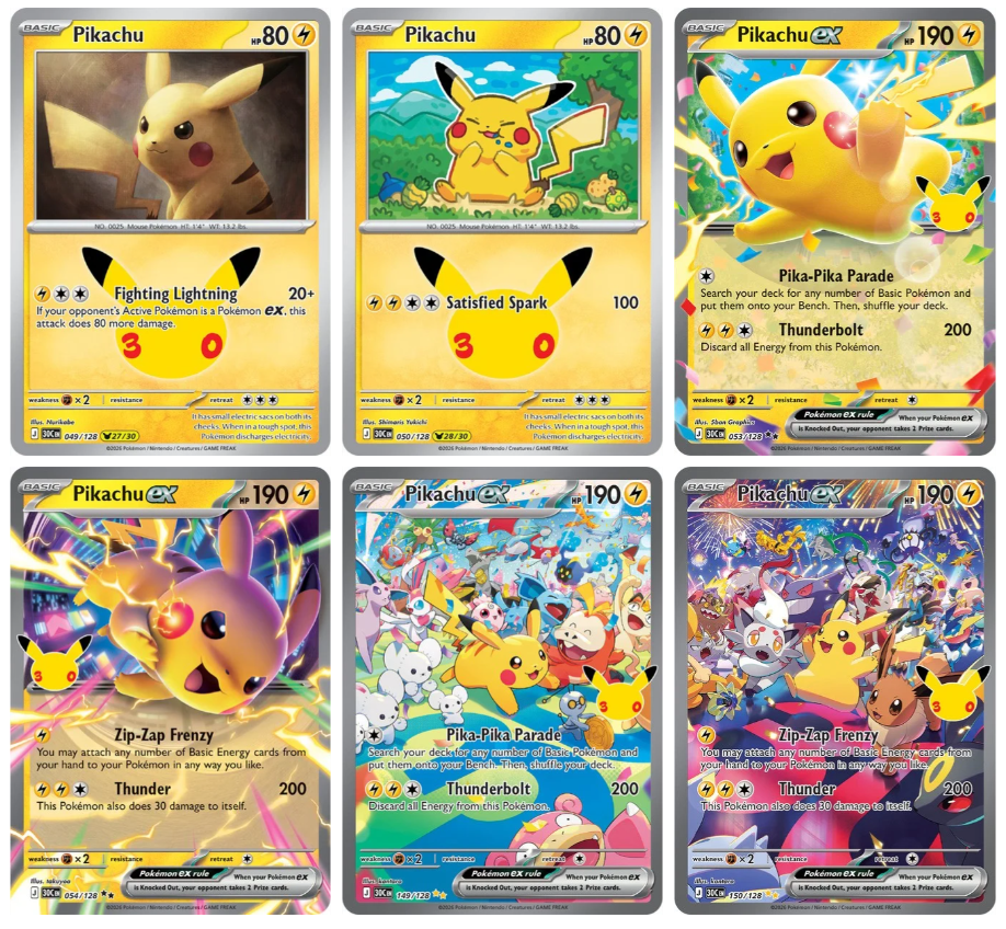 Pokémon TCG revela 24 das 30 cartas de Pikachu da coleção de 30 anos